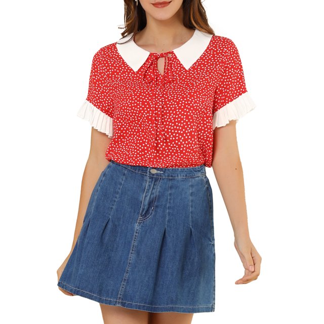 INSPIRE CHIC Hauts Blouses à Pois pour Femmes à Col Claudine Contrastant à Manches Courtes
