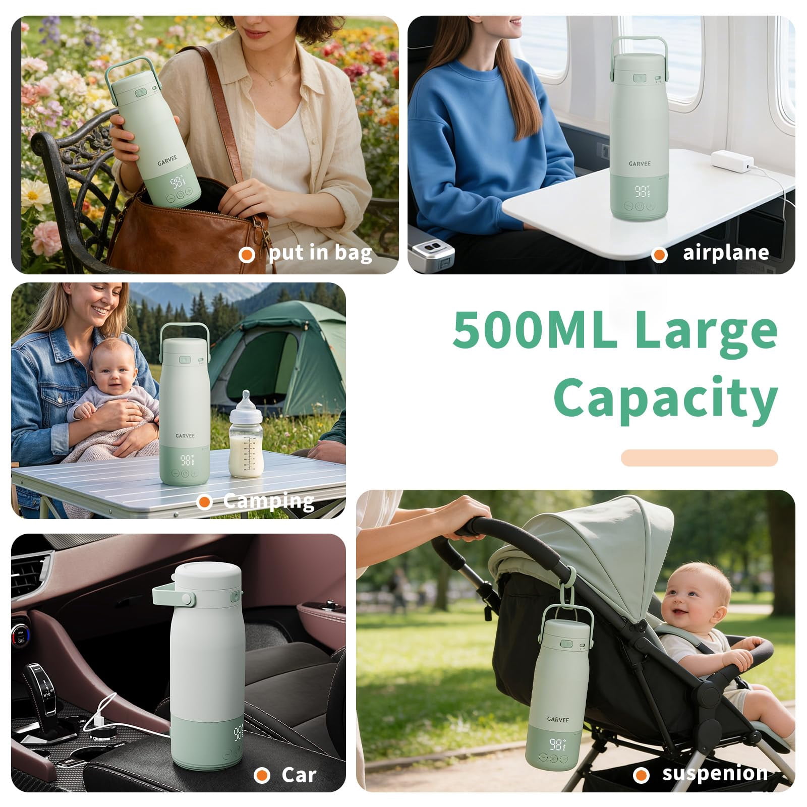 Portable Bottle Warmer for Travel, Baby Milk Warmer with LED Display, 1℉ Precise Adjust, Dishwasher Safe, USB-C Rechargeable, 17oz, 316 Stainless Steel, Thaw, Keep Warm, for Breastmilk Formula