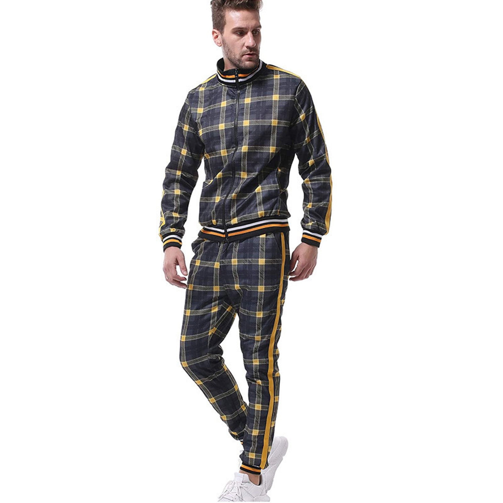 Mens Fashion Sweatsuit 2 Piece Stand Collar Full Zip Tracksuit Vintage  Style with Check Print Jacket and Pants Set 