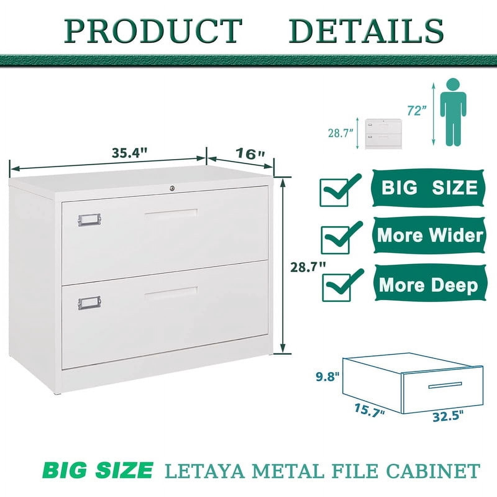 MIIIKO 2 Drawer Lateral File Cabinet with Lock, White Lateral Filing Cabinet for Legal/Letter A4 Size, Locking Wide File Cabinet for Home Office, Metal