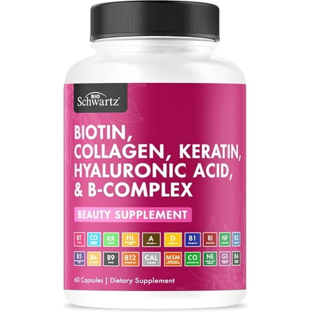 BioSchwartz 20-In-1 Biotin Complex, Biotin, Collagen, Keratin, Hyaluronic Acid, and B-Complex, 60 Ct