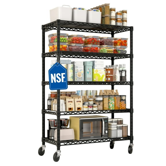 TrumanPick 5-Tier Wire Shelving Unit with Wheels, Meal Storage Shelves for Kitchen Living Room, Heavy Duty Garage Shelving & Wire Rack 36"W x 14"D x 71"H, Black