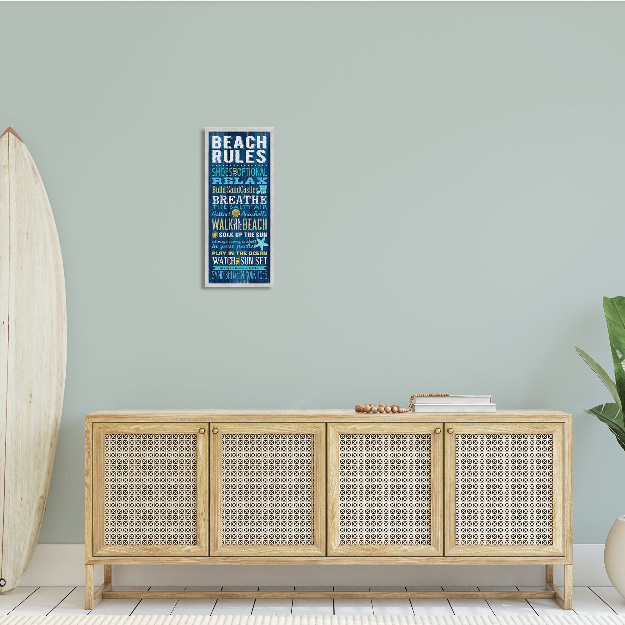 Stupell Industries Beach Rules Sign Blue Planked Pattern Motivational Phrases, 10 x 24, Design by Stephanie Workman Marrott