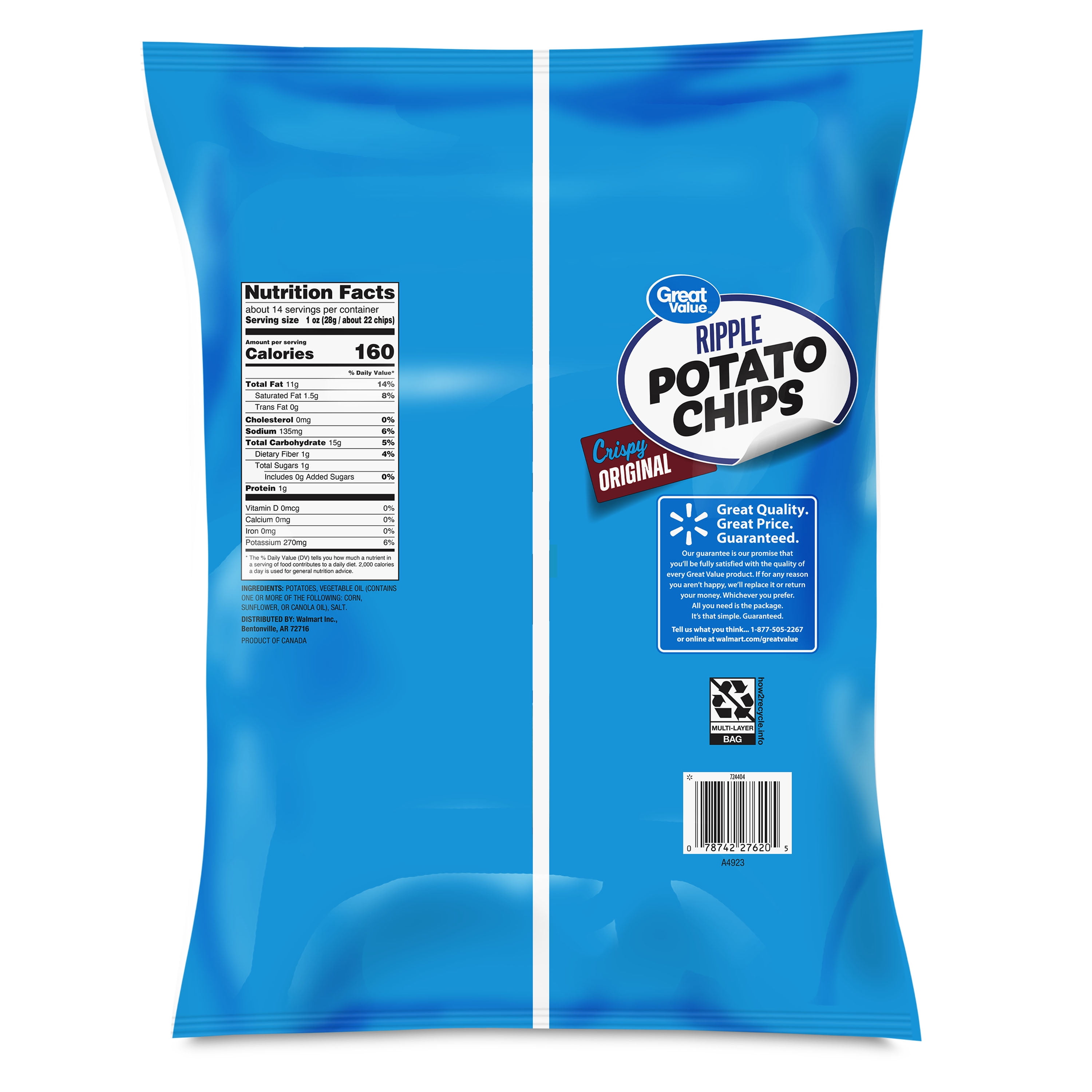 Great Value Original Rippled Potato Chips Party Size, 13.5 oz