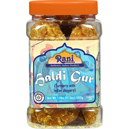 Rani Haldi Gur (Turmeric with Indian Jaggery) Indian Unrefined Raw Cane Sugar 17.5oz (1.1lbs) 500g PET Jar ~ Gluten Friendly | Vegan | NON-GMO | Kosher | No Salt or fillers | Indian Product
