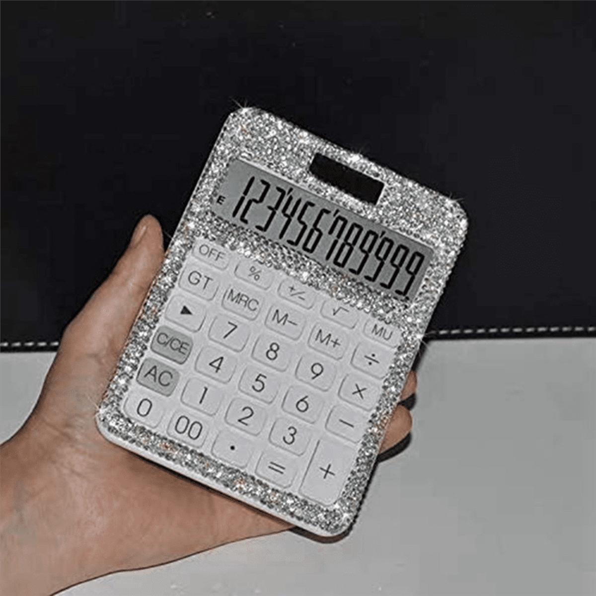 3X Rhinestone Crystal Dazzling 12 Digit Solar and Battery Dual Power ,LCD Display Calculator for Office, School White
