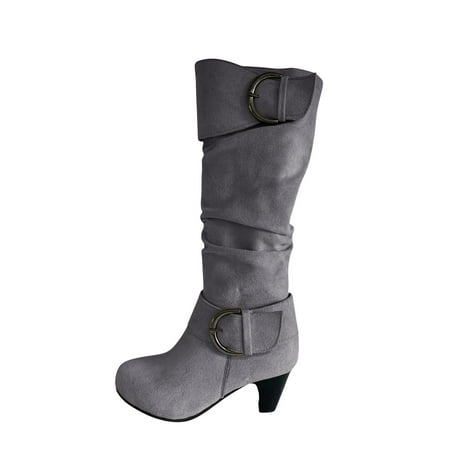 

KBKYBUYZ Women s Winter Warm High Heel Straight Leather Belt Buckle Suede Thick Heel Knight Boots