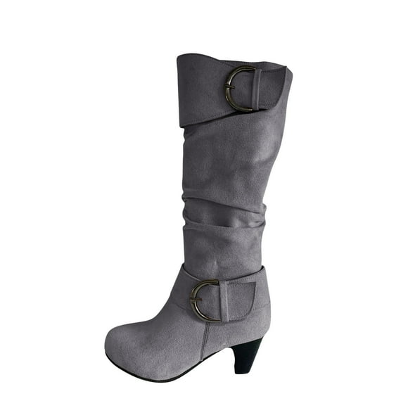 Juebong Boots on Clearance 2025 Womens Slouchy Mid Calf Boots Chunky Heel Faux Leather Knee High Boots Side Zipper Metal Buckle Folds Winter Boots