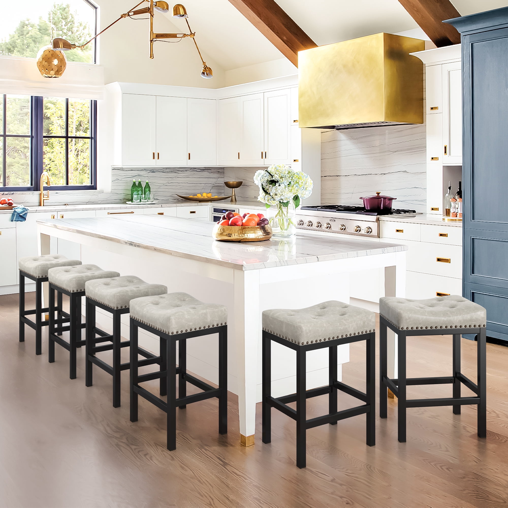 Dycanpo 24” Saddle Bar Stools Set of 3 with Modern Metal Legs, for Home Kitchen, Light Beige Gray