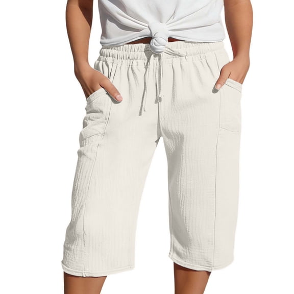 Heydday Linen Capri Pants for Girls Baggy Straight Leg Gauze Yoga Pant Loose Comfy Cropped Trousers with Pockets (Beige3/10-11 Years)