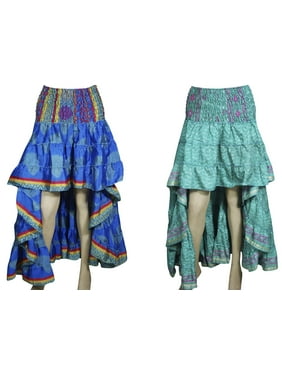 Mogul Boho Medley 2pc Hi Low Skirt Recycled Vintage Sari Gypsy Fashion Long Skirt Ruffle Flirty Flare Summer Skirts S/M