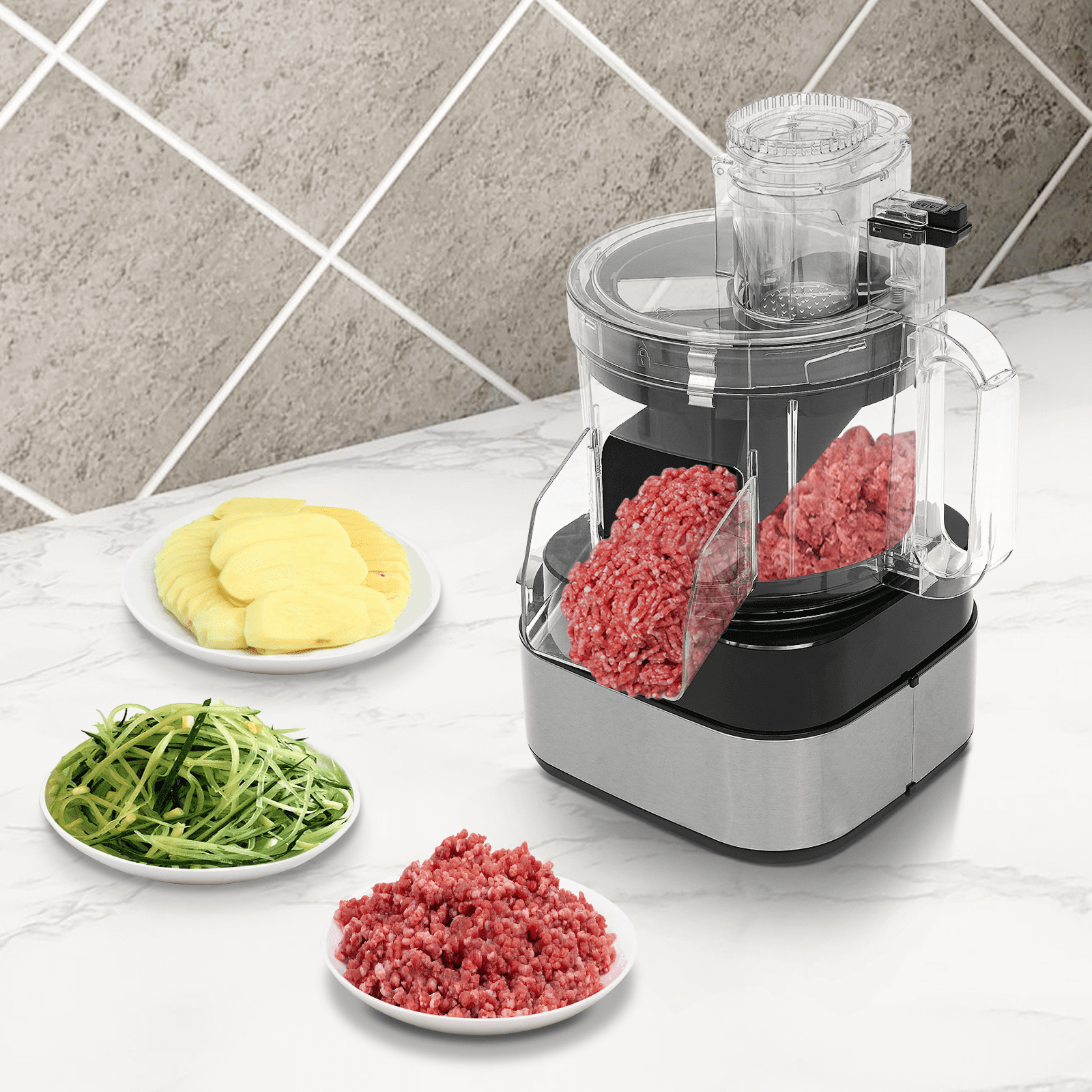 5-in-1 Commercial Food Processor Fruit Vegetable Dicer Chopper Grinder Electric Food Shredder Slicer with 2 Gears for Onion Carrot Apple Meat Garlic,10.6x9.8x14.6in