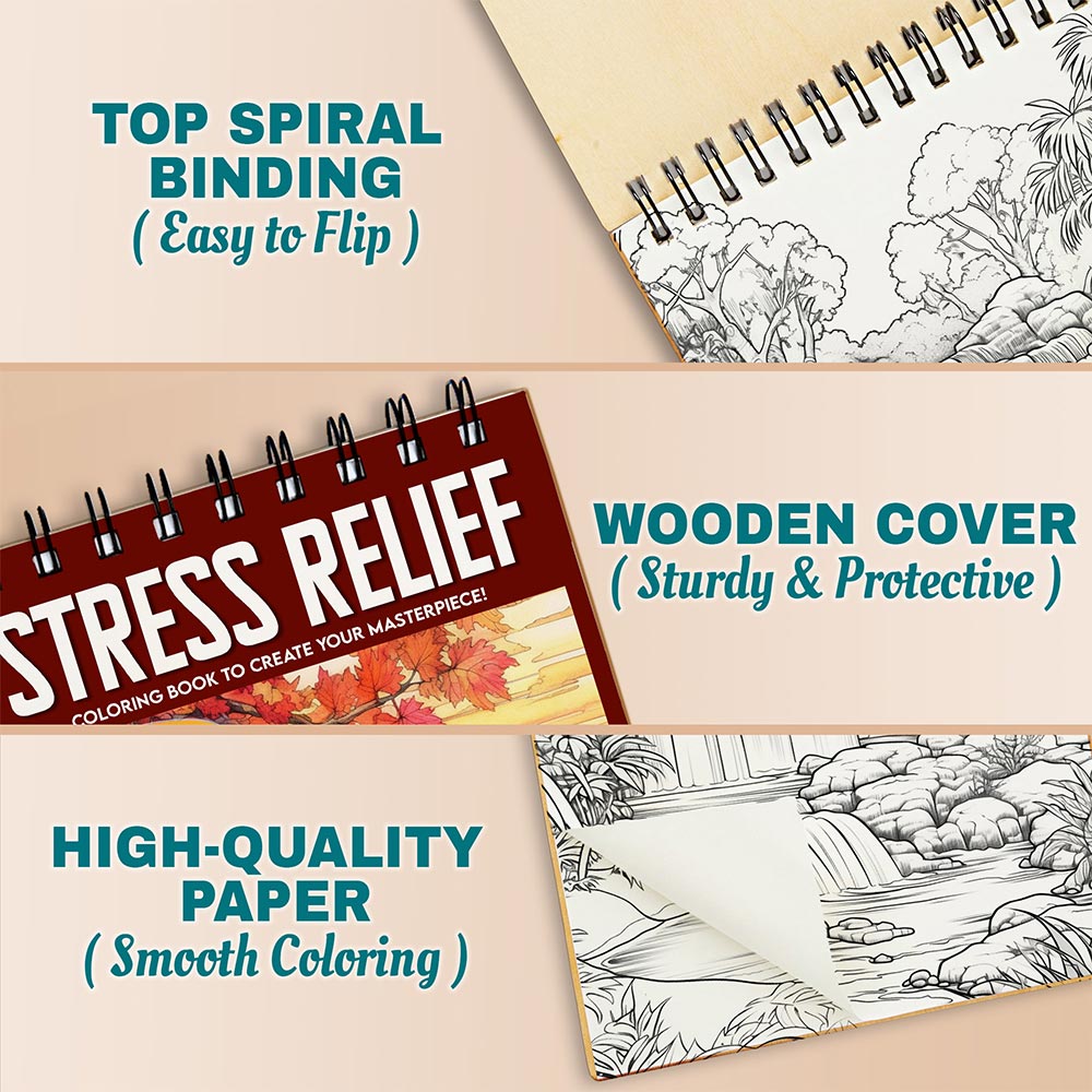 Netecom Stress Relief Coloring Book Spiral Bound For Adults, A5 Wooden Cover, 30 Calming Coloring Pages of Tranquil Landscapes for Stress Relief and Relaxation