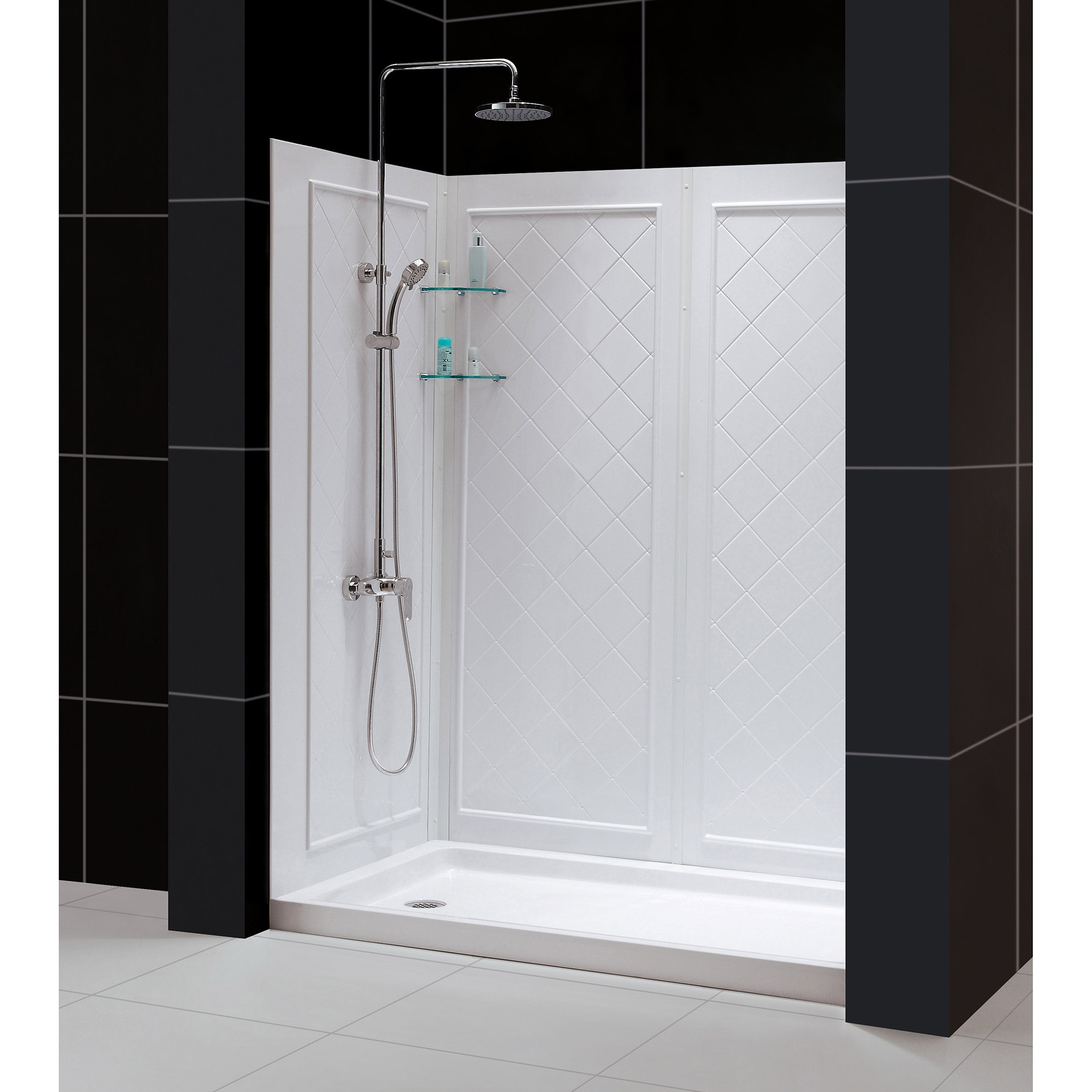 DreamLine 34 in. D x 60 in. W x 76 3/4 in. H Left Drain Acrylic Shower Base and QWALL-5 Backwall Kit In White - image 3 of 11