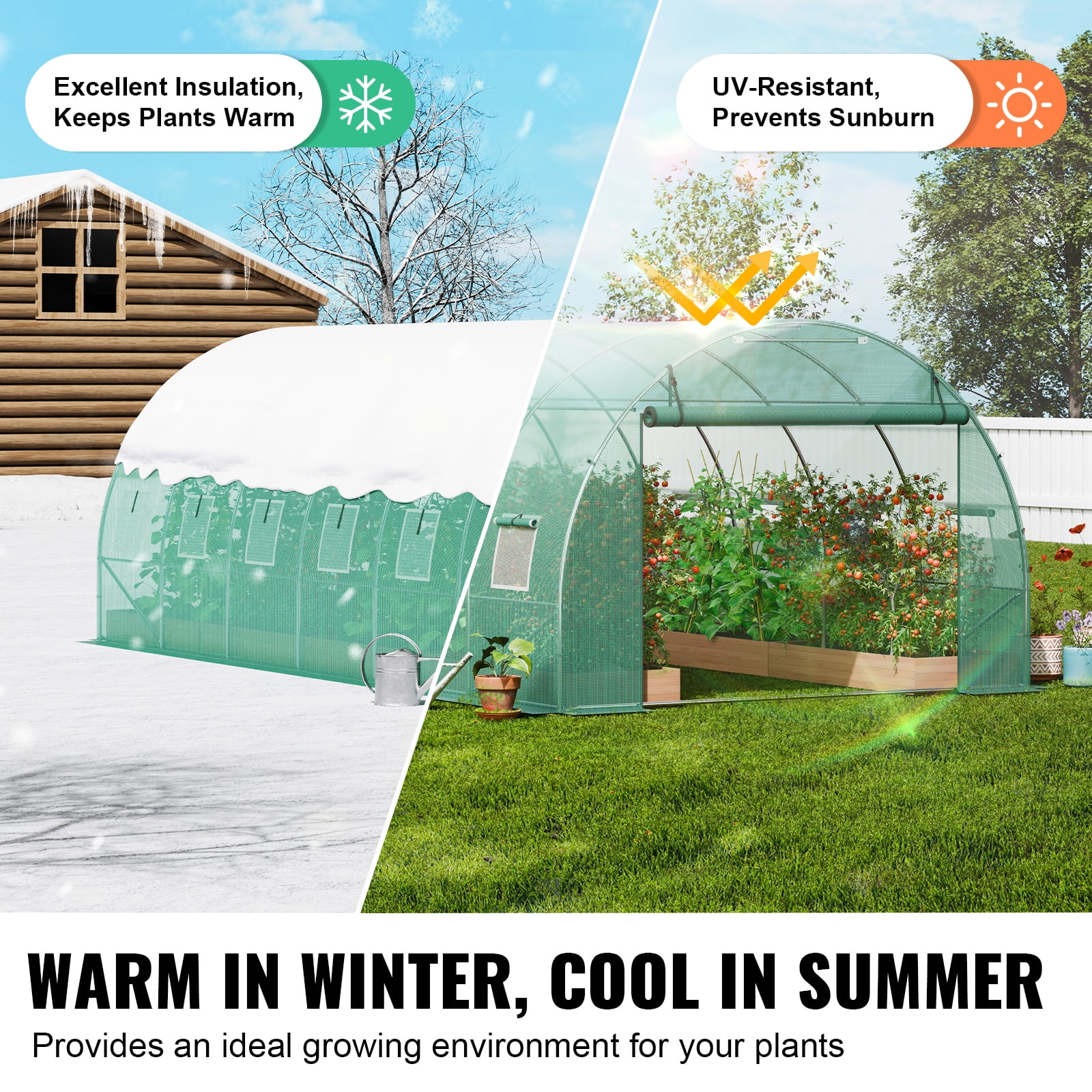 KFFKFF Walk-in Tunnel Greenhouse, 19.4x9.7x6.5 ft Hoop House with Galvanized Steel Frame, Green PE Cover, Roll-up Zipper Door, and 12 Ventilation Windows for Outdoor Gardening