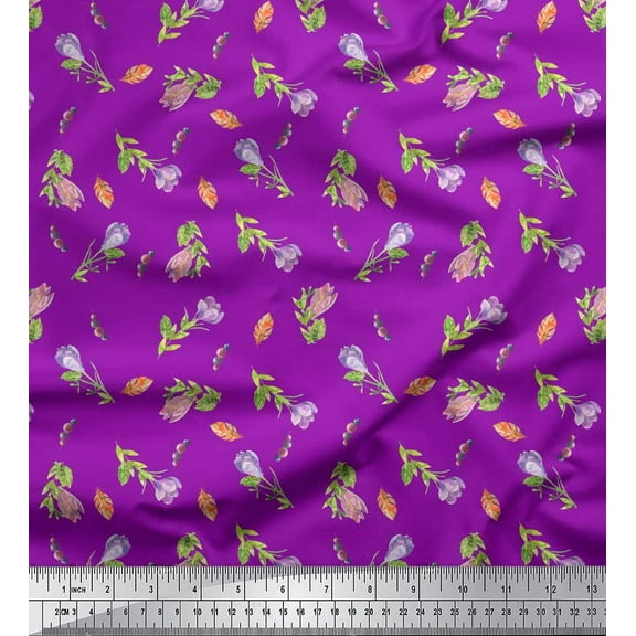 Soimoi Purple Cotton Duck Fabric Leaf Floral Print Fabric by Yard 42 Inch Wide
