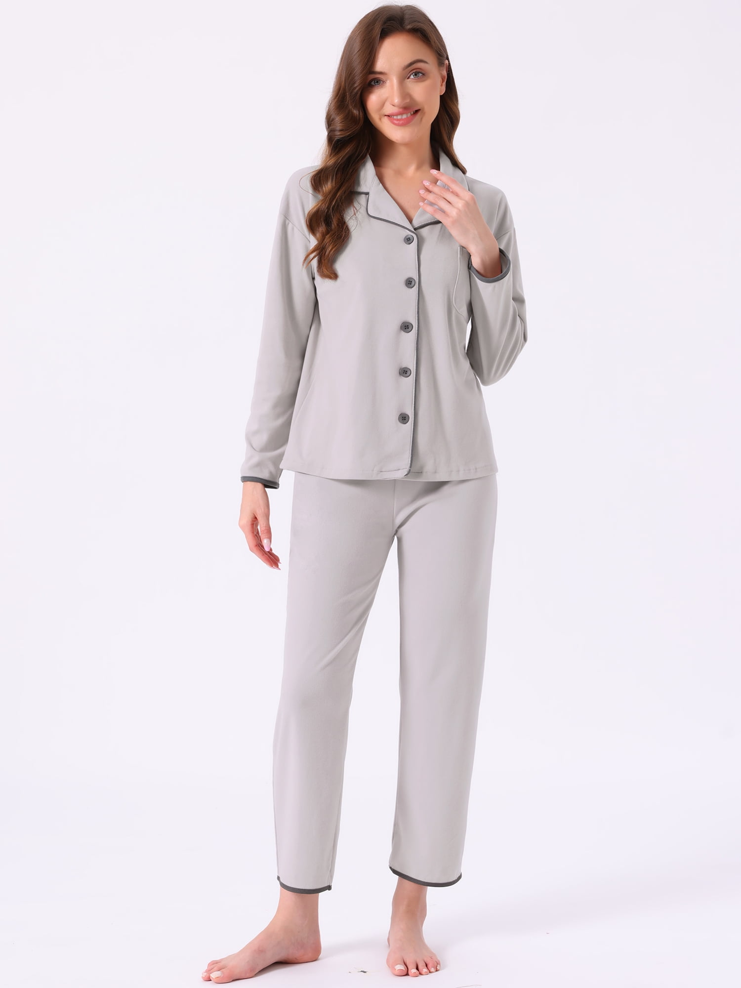 DARING DIVA Pajamas Set Winter Fleece Warm Long Sleeve Sleepwear L Gray