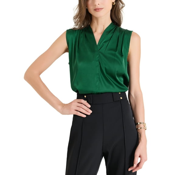 INSPIRE CHIC Women's Summer Silk Satin V Neck Sleeveless Ruched Tank Top XS Dark Green