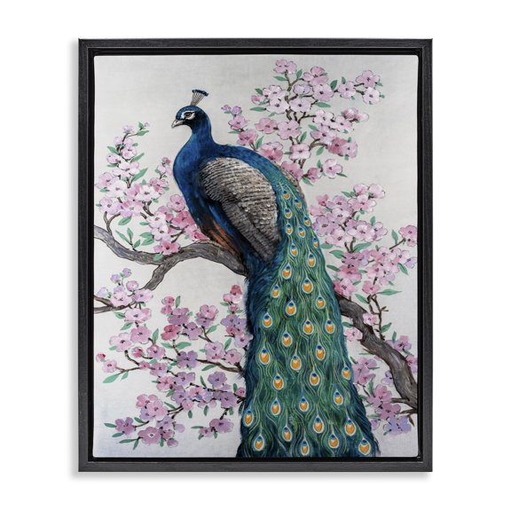 Stupell Industries Transitional Peacock & Cherry Blossoms Black Floating Frame Canvas Art, 17 x 21, by Tim O'Toole