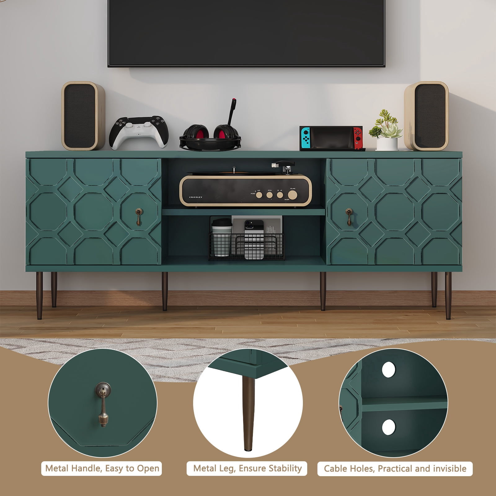 CBJCBJ Entertainment Center Console with 4 Doors and 2 Open Shelves for TV up to 75+ Inch, Green