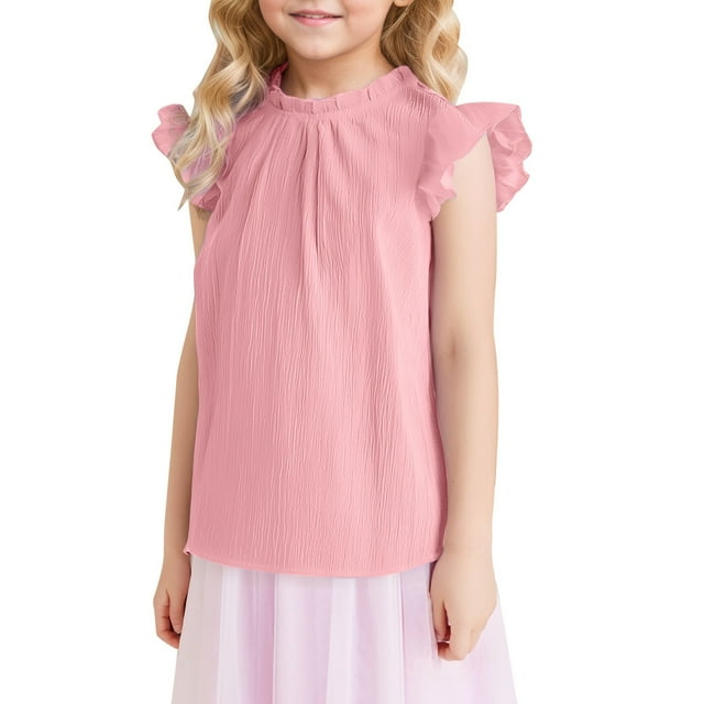 TZEWGL Tops For Toddler Solid Color Short Sleeve Cute Ruffled Neck Pleated Texture Top For Baby size 9-10T