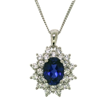 Sterling silver created sapphire with created white sapphire lady di pendant with chain
