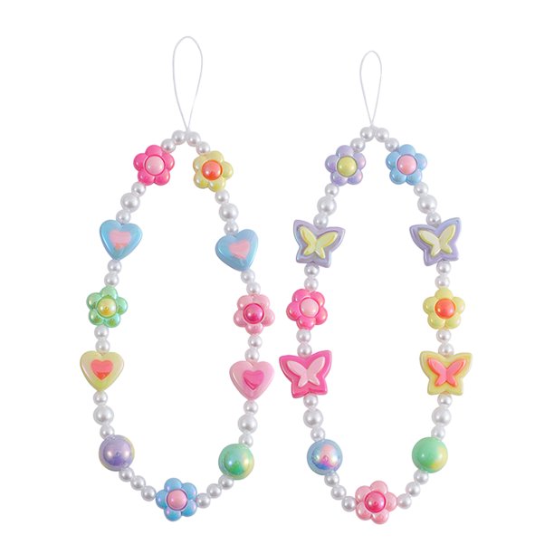 2 piezas de cadena para teléfono con forma de corazón y flor de mariposa, cordón decorativo para teléfono móvil, correa de muñeca