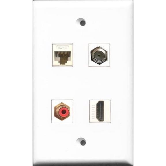 RiteAV 1 Port HDMI and 1 Port RCA Red and 1 Port Coax Cable TV- F-Type and 1 Port Cat6 Ethernet White Wall Plate