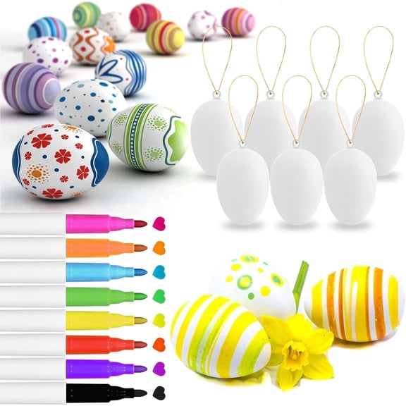 TETOU 24pcs White Plastic Easter Eggs with 8 Paint Pens,DIY Paintable Hanging Egg with Rope Ornaments for Kids Easter Party Favor Classroom Prize Supplies