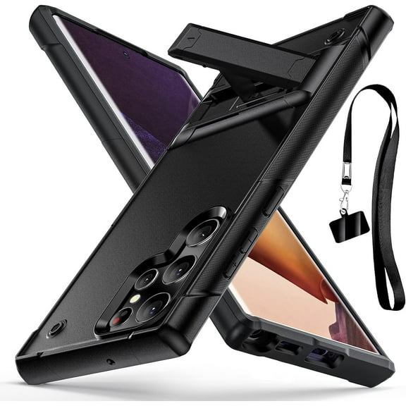 for Samsung Galaxy S22 Ultra Case, Heavy Duty Shockproof Protective Case,Military Grade Protection,Scratch Resistant,Slim Thin Case,with Stand,with Lanyard,Black 6-sam s22u-01