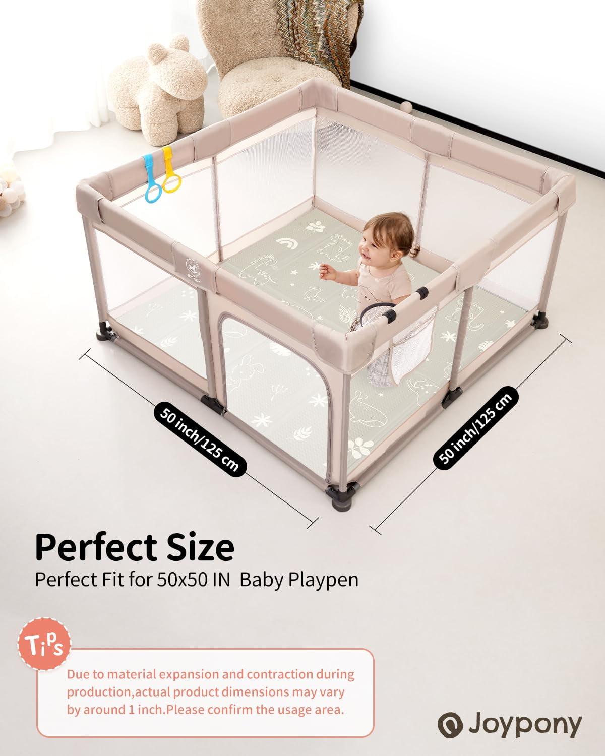 Joypony Baby Play Mat, 47x47 Inch Waterproof Reversible Foam Crawling Mat – Soft, Non-Toxic, Easy-to-Clean, Perfect for Infants and Toddlers