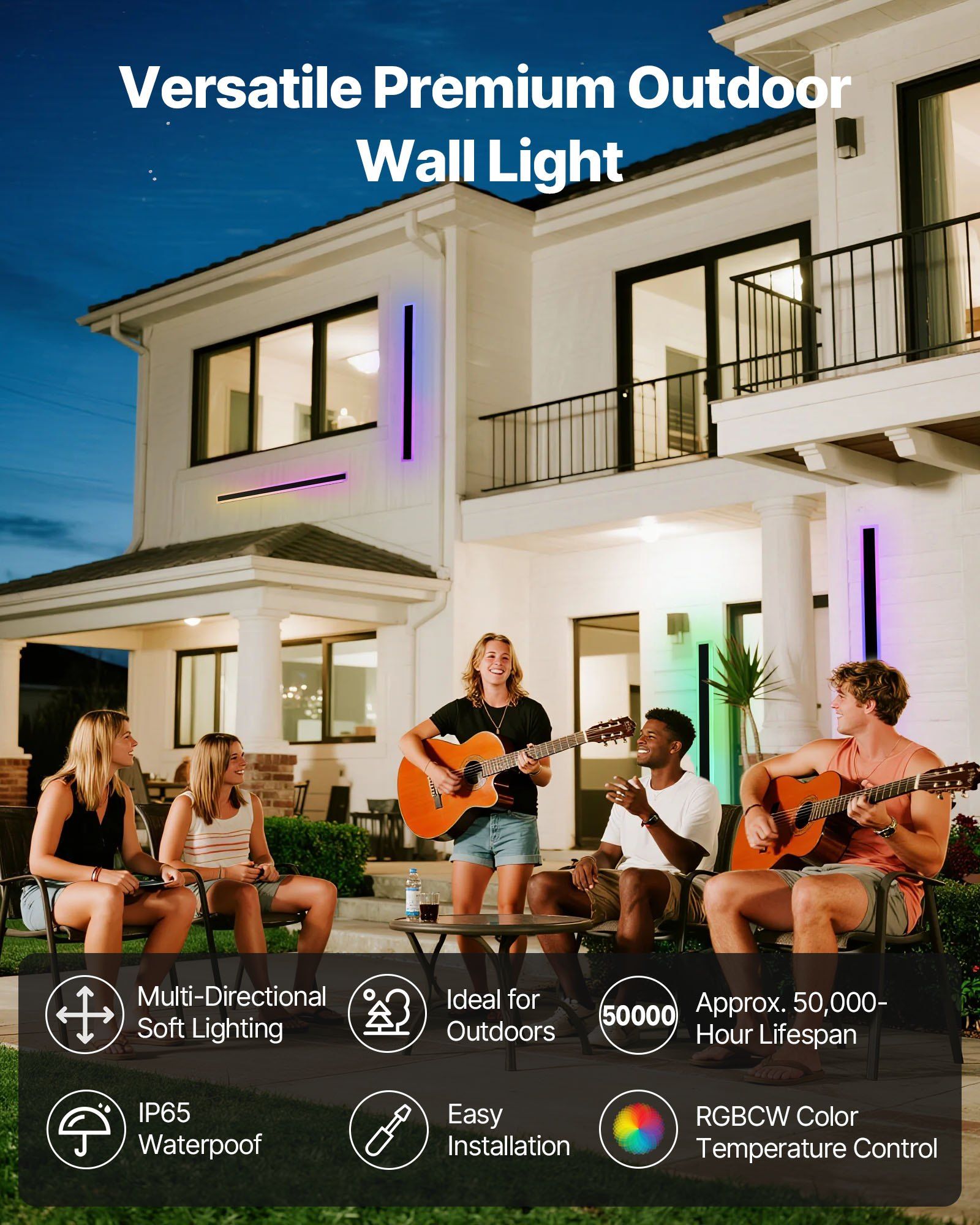 2 Pack 39.4 Inch Long Outdoor Wall Lights RGB Modern Exterior Sconce Fixtures Dimmable 2700K-6000K IP65 Waterproof Anti-Rust for Porch Garage House