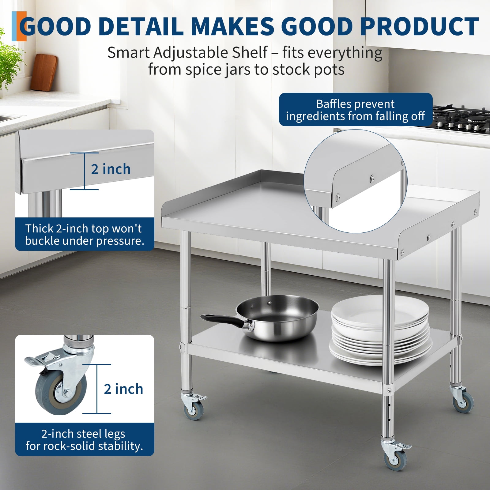 Ataujin Heavy-Duty Stainless Steel Table on Wheels with Removable backsplash. Commercial Food Prep Worktable, A Versatile NSF Commercial-Grade cart for Food Service, Restaurant & Bar