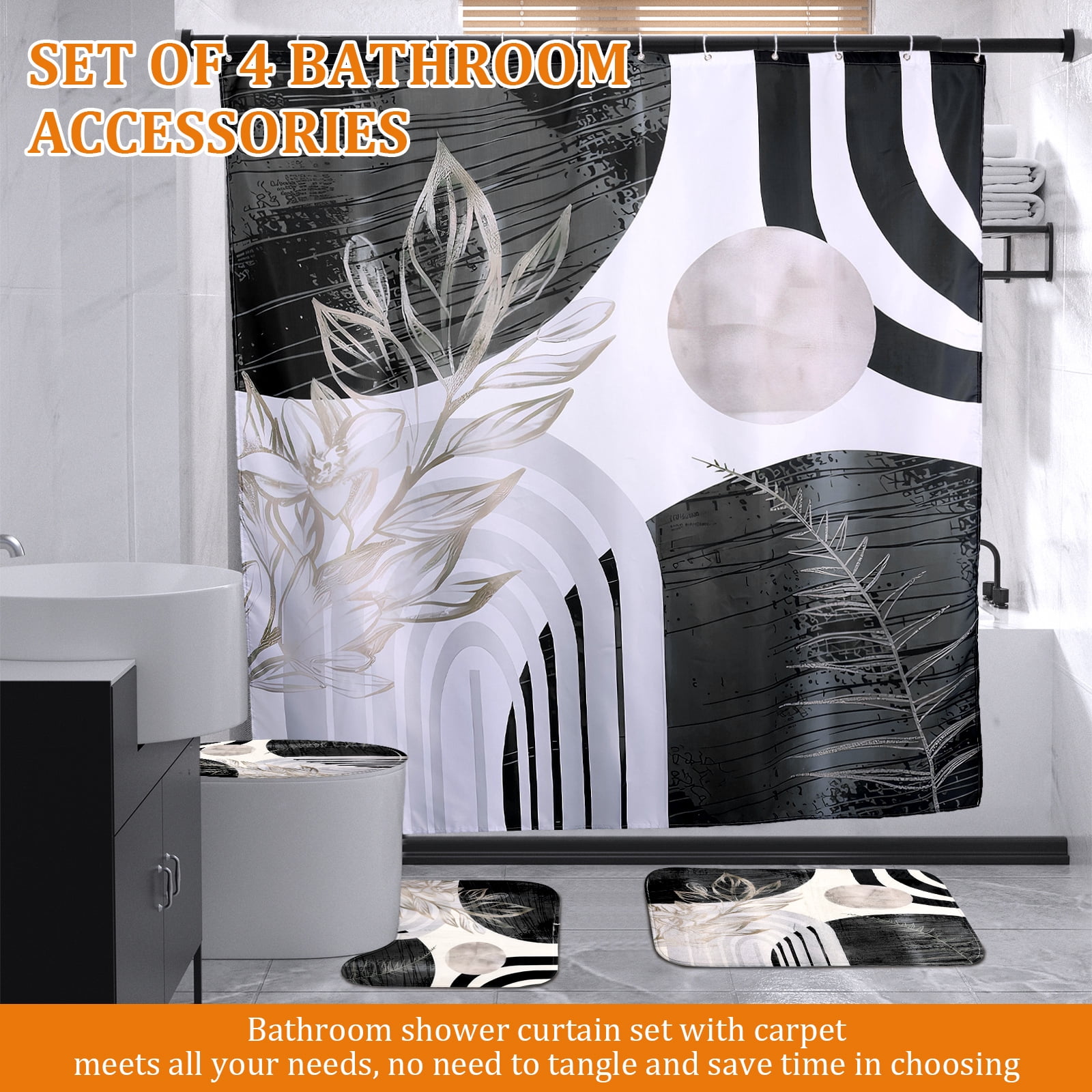 Dznils Boho Fabric Shower Curtain and Rug Sets, 16pc Modern Abstract Bathroom Sets, Black, 72" x 72"