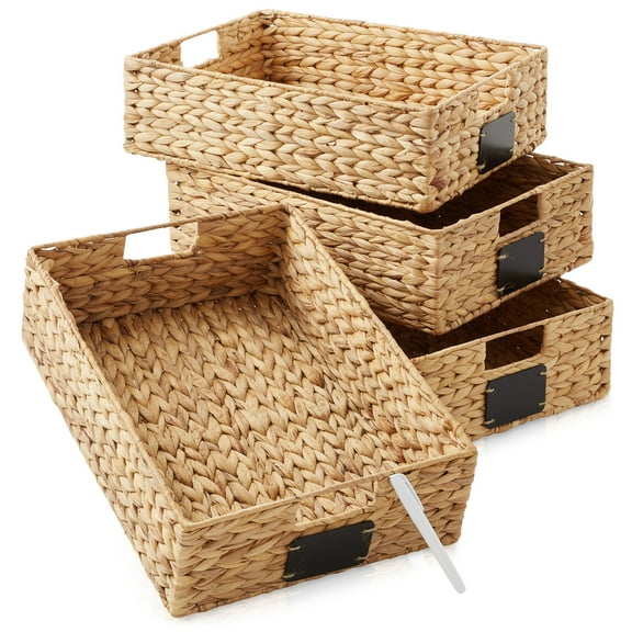 Casafield (Set of 4) Water Hyacinth 12-1/2"x17"x5" Pantry Baskets w/ Chalkboard Labels and Marker -Natural, Woven Storage Bins for Kitchen Shelves