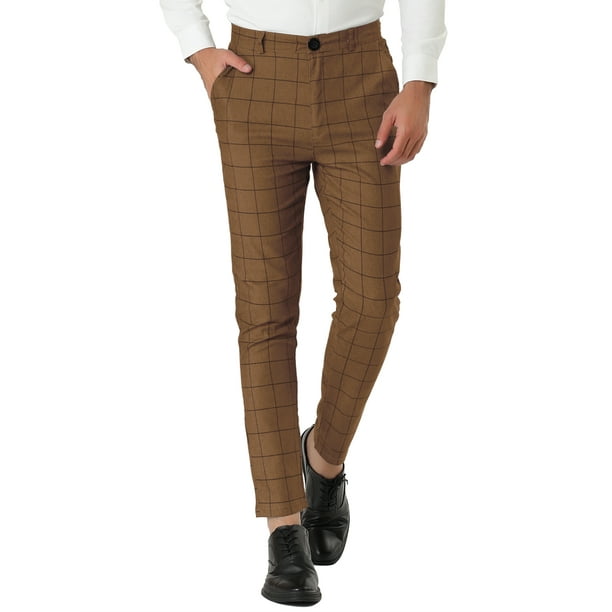Pantalones de negocios con frente plano y corte slim a cuadros para hombre marrón L