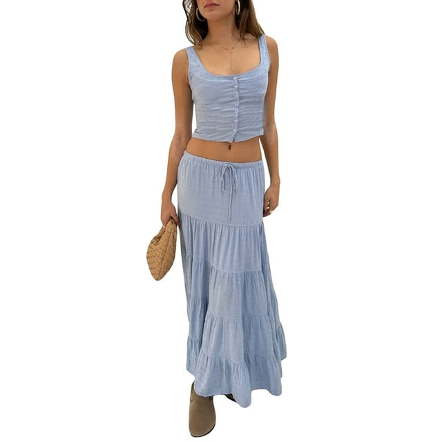 Gupgi Women 2 Piece Solid Color Set Sleeveless Tank Tops Ruffle Flowy Long Skirt Vacation Beach Outfits