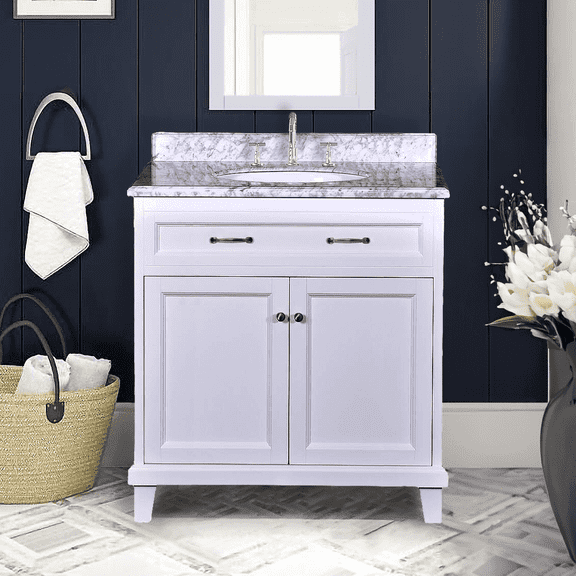 Dreamwerks 36" White Bathroom Vanity in Solid Wood with Carrara Marble Top