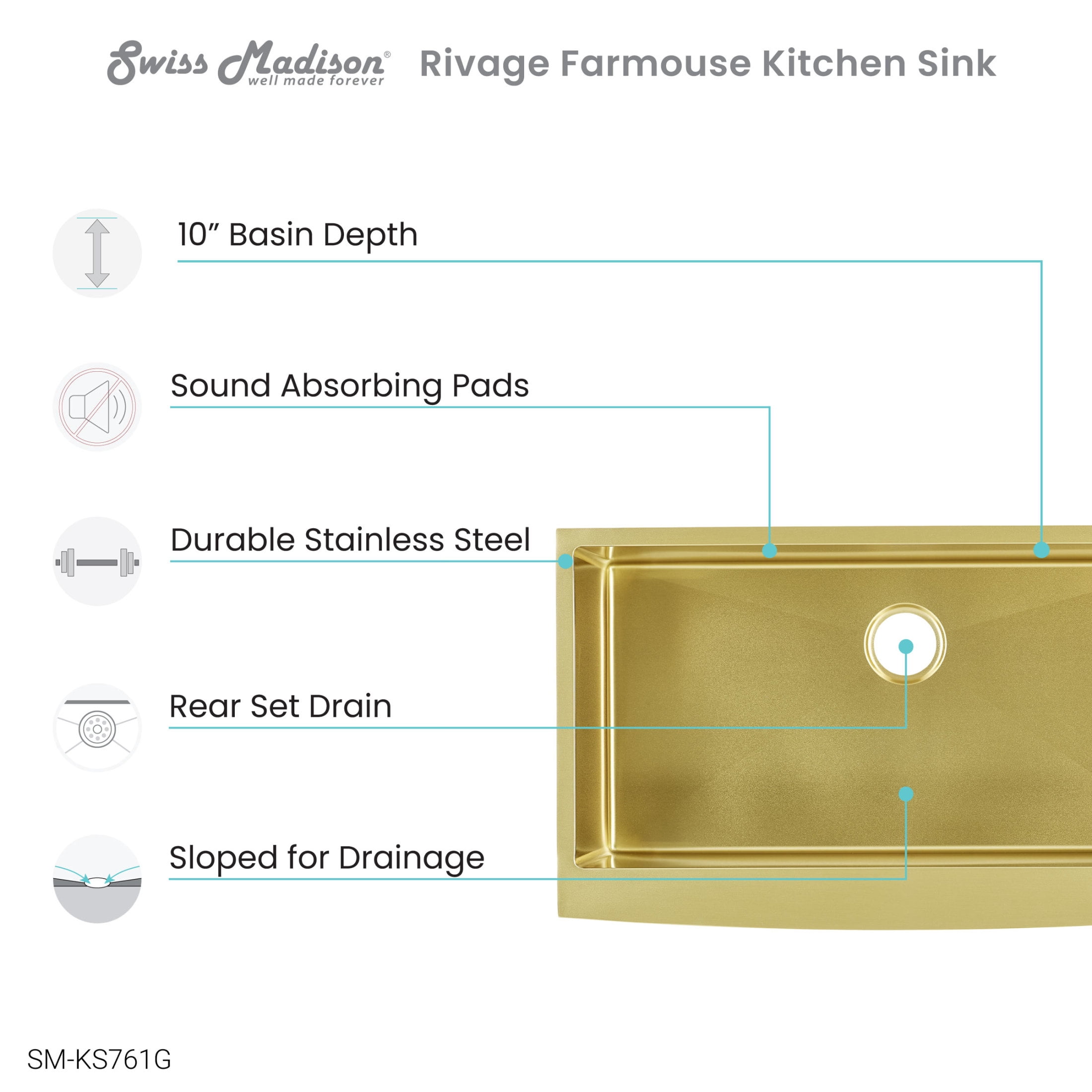 Rivage 36 x 21 Stainless Steel, Single Basin, Farmhouse Kitchen Sink with Apron in Gold