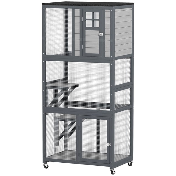 Light Grey 74" Outdoor Cat Enclosure - Wheeled, Weatherproof Kitten Cage Condo with Platforms for Patio & Garden Use - Durable Fir Wood & Wire Mesh Design
