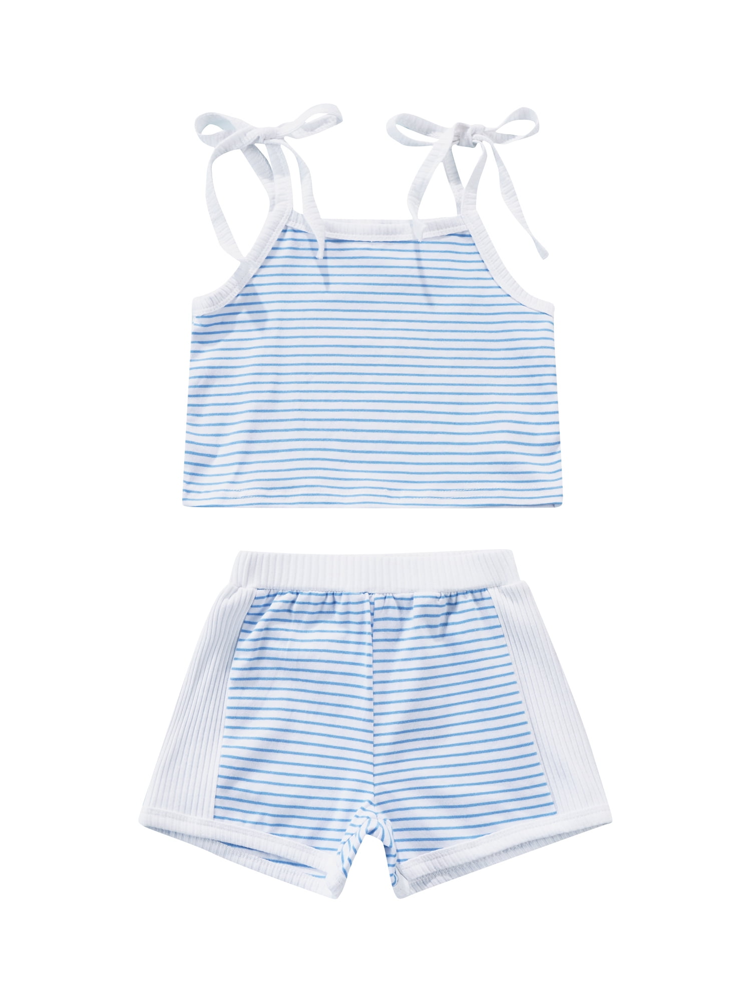 Girls Summer Suit 2Pcs Crop Top+Pants Stripes Print Shorts Kids Casual Clothes 