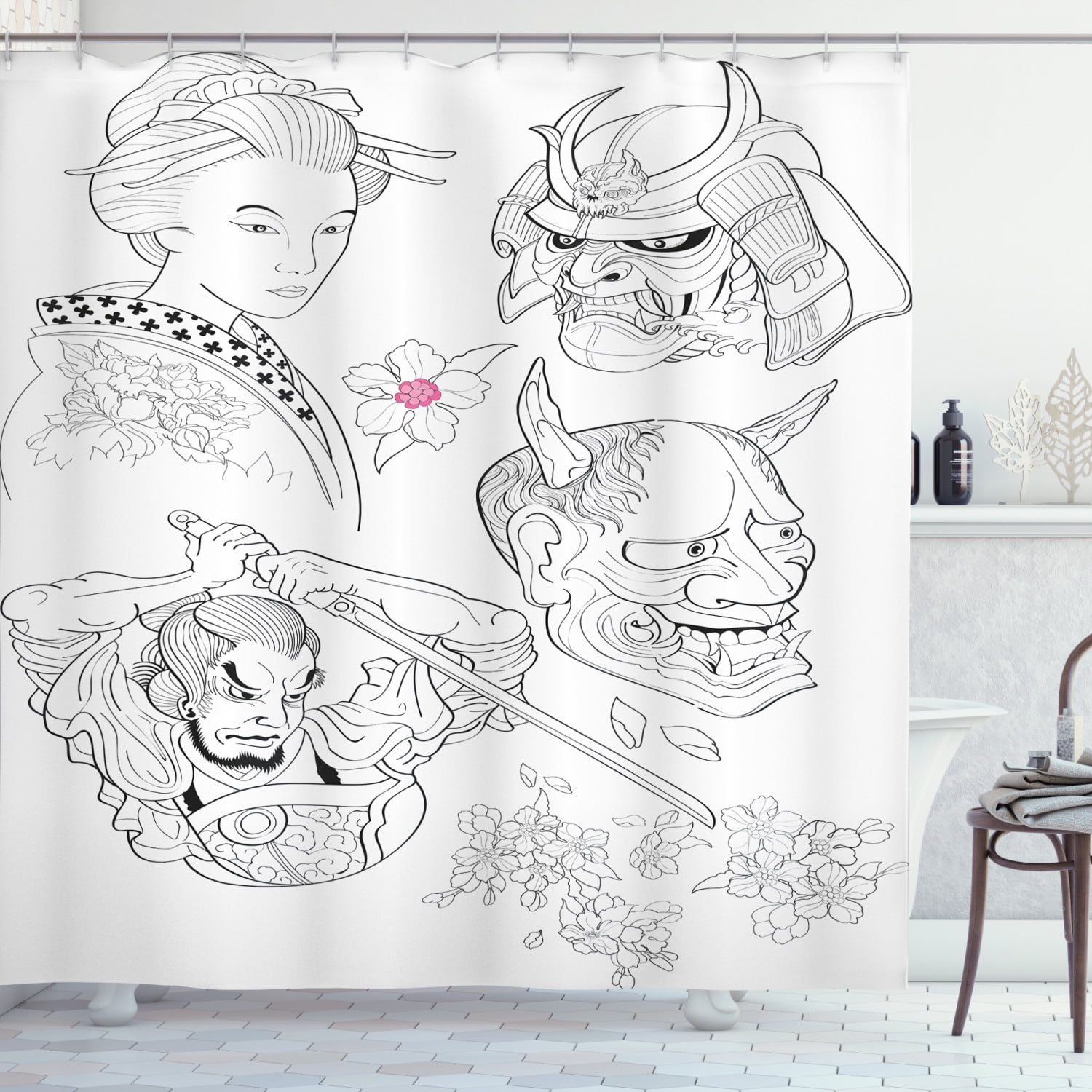 Bathroom Waterproof Fabric & 12 Hooks Japanese Samurai Moon Shower Curtain Set 