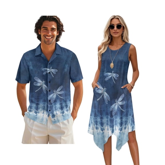 Xixirimido Dragonfly Blue Tie-dye Print Couples Matching Vacation Outfits Men's Breathable Short Sleeve Shirt & Women's Irregular Hem Dress Coordinated Summer Wear for Dating, Size L
