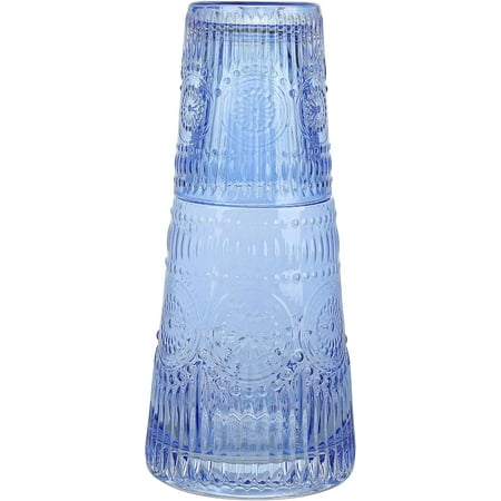 

Elle Decor Bedside Water Carafe with Tumbler Set Vintage Design Pitcher and Matching Drinking Glass 33-Ounce Cobalt Blue