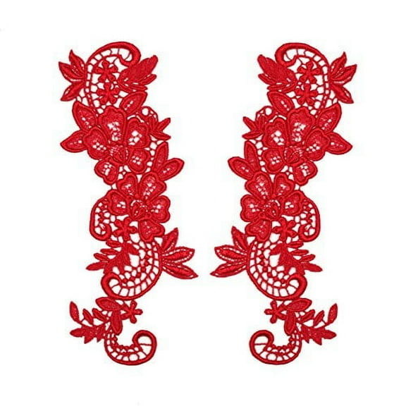 Red 2.75"x8" Pair of Floral Venice Lace Applique Embroidered Bridal Guipure Patch Motif (2 Pieces)