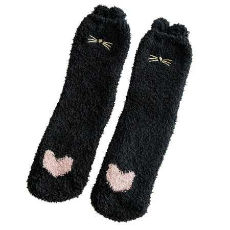 

Womens Cartoon Embroidery Cat Fuzzy Socks Cozy Winter Home Slipper Warm Thick Soft
