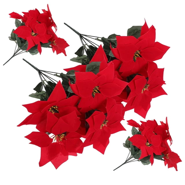 4 piezas de florero de imitación artificial para árbol de Navidad, adorno de flor de Pascua, arbusto de flores falsas de tacto real, simulación de gran rojo
