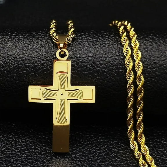 Big Cross Jesus 14K Yellow Gold Necklace for Men Women Hip Hop Male Long Chain Gift Jewerly cordao masculino
