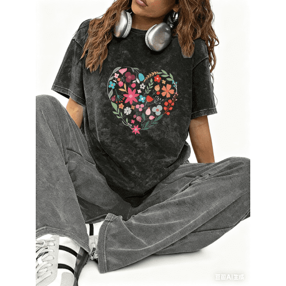 Spring Floral Heart Graphic Tees Print T shirt Oversized Washed Shirts Women S-2XL Dark Gray Tops