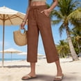 thumbnail image 2 of Linen Capri Pants for Women Summer 2026 Wide Leg Loose Fit Drawstring Elastic High Waisted Beach Cropped Trousers Coffee XL, 2 of 5